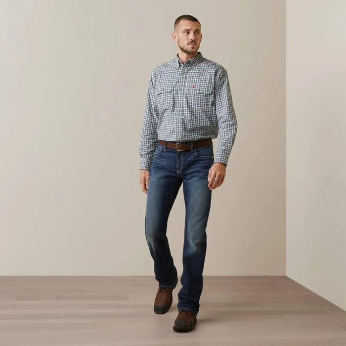 Men Button Down Shirts Ariat FR Plaid Featherlight Work Shirt Clear Sky Plaid Men Button Down Shirts Ariat FR Plaid Featherlight Work Shirt Clear Sky Plaid