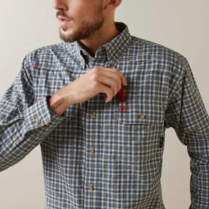 Men Button Down Shirts Ariat FR Plaid Featherlight Work Shirt Clear Sky Plaid Men Button Down Shirts Ariat FR Plaid Featherlight Work Shirt Clear Sky Plaid