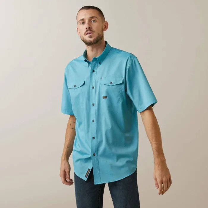 Men Button Down Shirts Ariat Rebar Made Tough VentTEK DuraStretch Work Shirt Caribbean Sea Heather