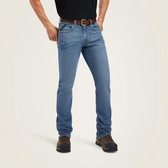 Men Denim Ariat Rebar M4 Low Rise DuraStretch Edge Boot Cut Jean Ventura