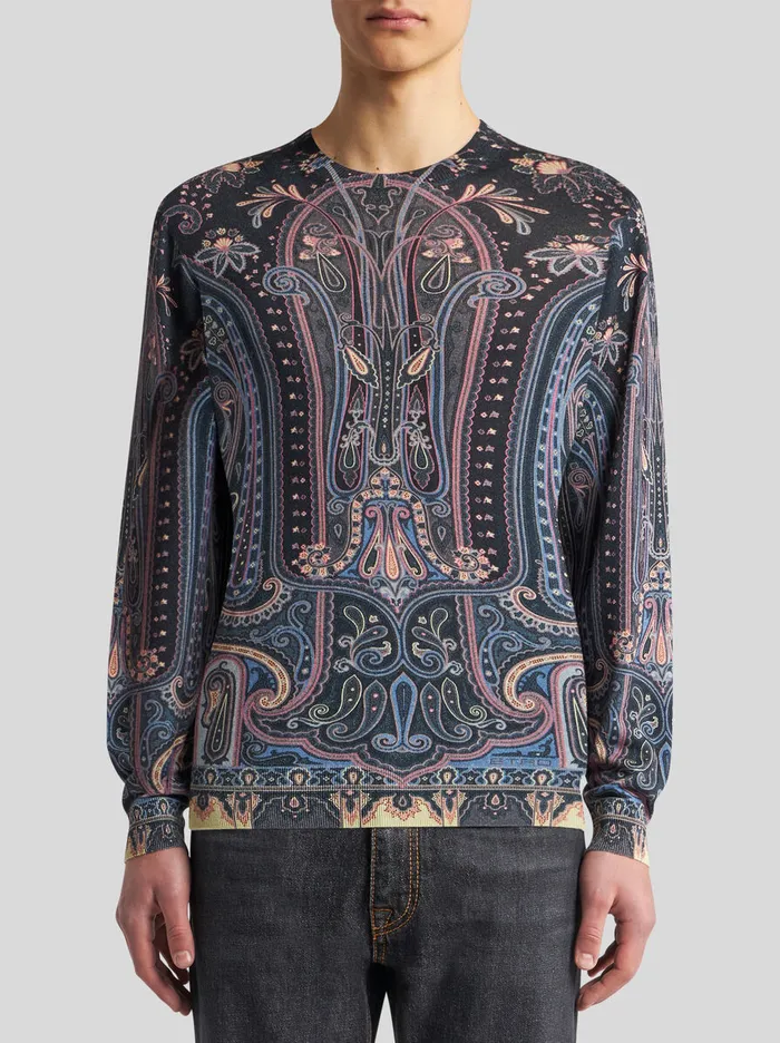 Men Etro Knitwear Sweater With Paisley Print Navy Blue Men Etro Knitwear Sweater With Paisley Print Navy Blue