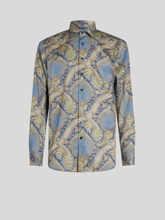 Men Etro Shirts Printed Cotton Shirt Navy Blue