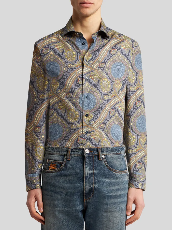Men Etro Shirts Printed Cotton Shirt Navy Blue