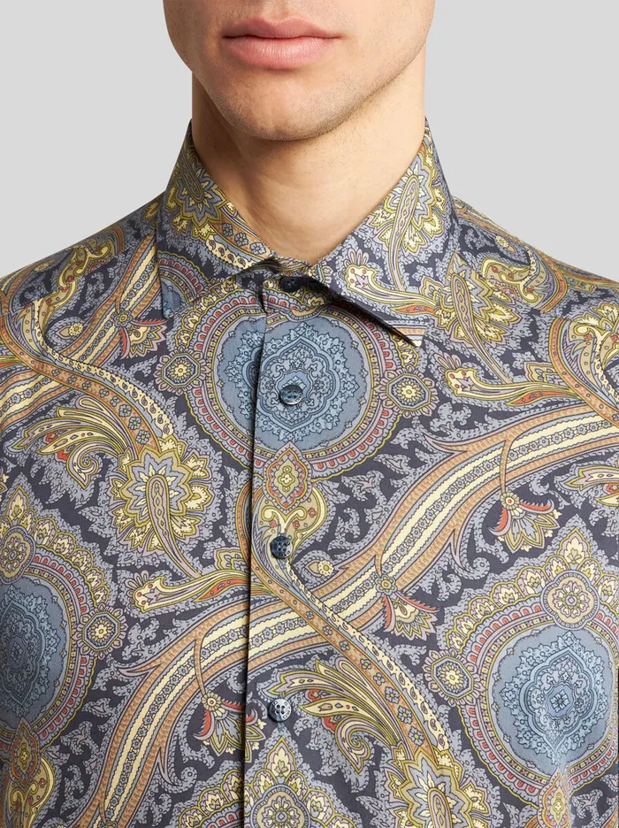 Men Etro Shirts Printed Cotton Shirt Navy Blue