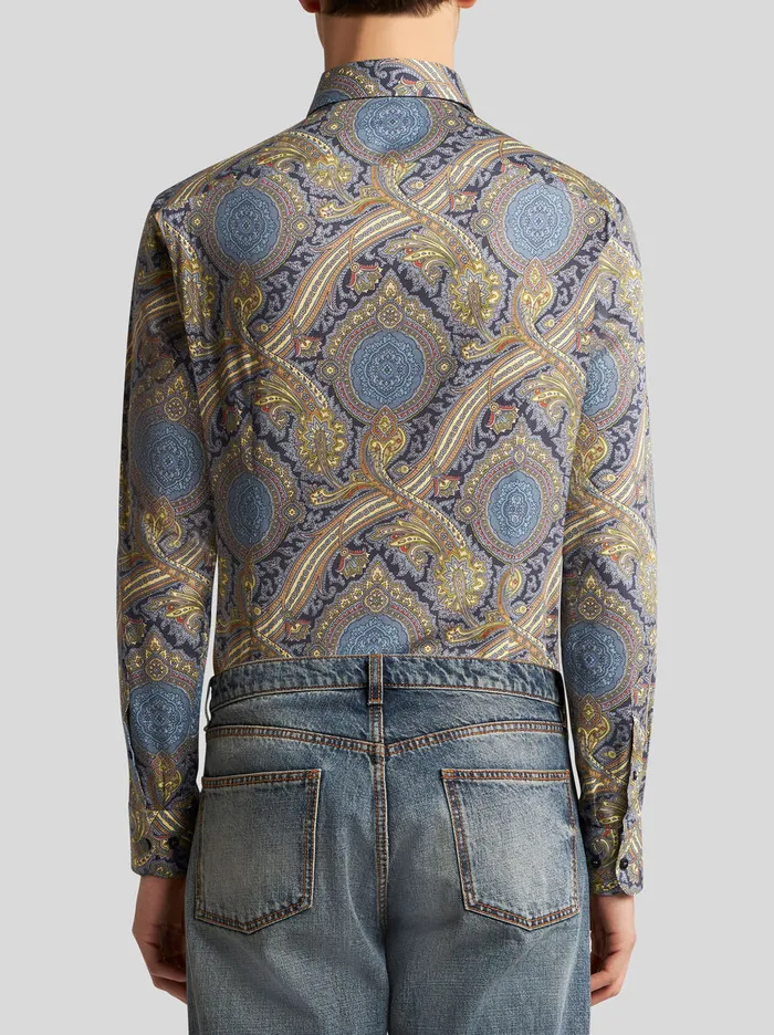 Men Etro Shirts Printed Cotton Shirt Navy Blue