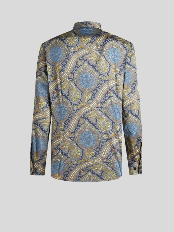 Men Etro Shirts Printed Cotton Shirt Navy Blue