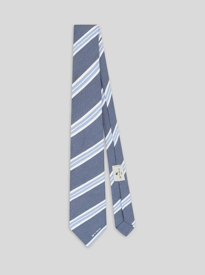 Men Etro Ties And Pocket Squares Striped Jacquard Tie Navy Blue
