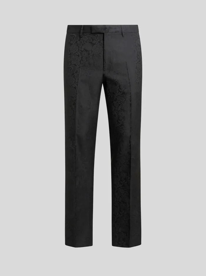 Men Etro Trousers Floral Leafy Jacquard Evening Trousers Black