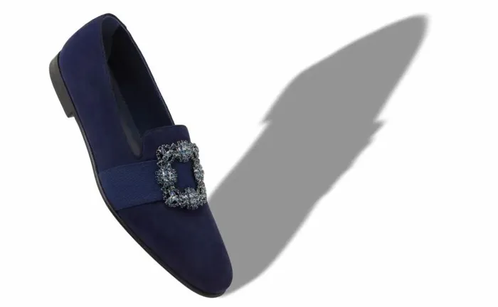 Men Navy Blue Suede Jewelled Buckle Loafers Manolo Blahnik Loafers