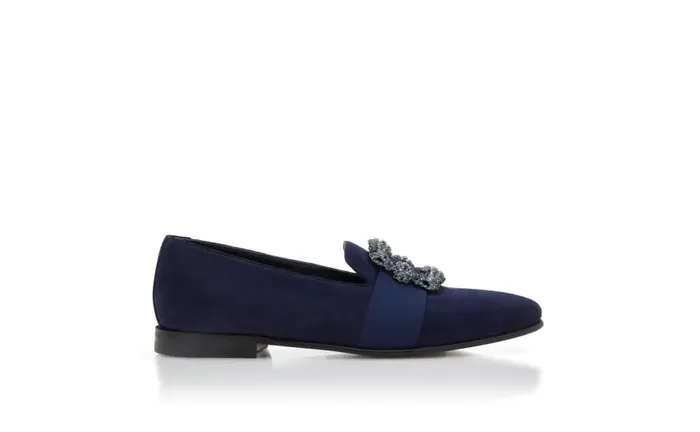 Men Navy Blue Suede Jewelled Buckle Loafers Manolo Blahnik Loafers