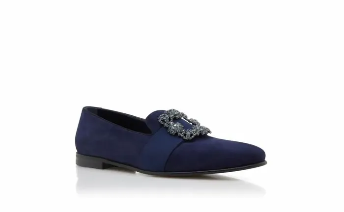 Men Navy Blue Suede Jewelled Buckle Loafers Manolo Blahnik Loafers