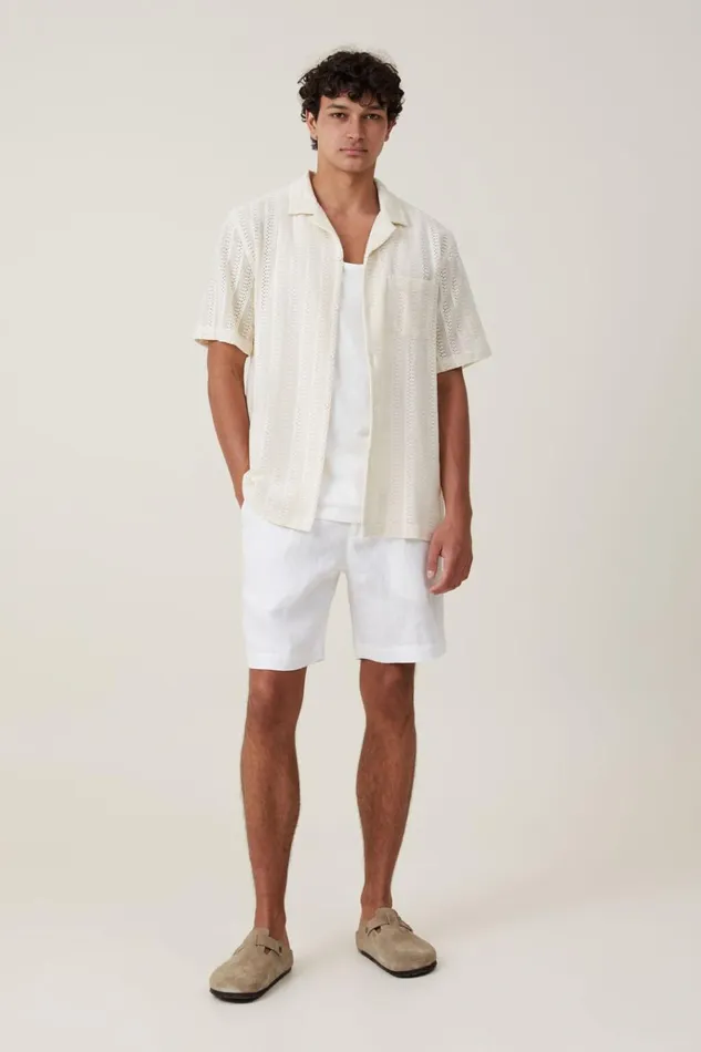 Men Shorts Cotton On Linen Pleat Short White