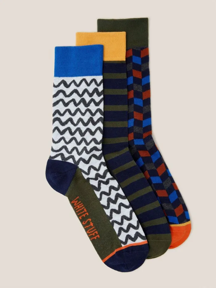 Men White Stuff Socks 3 Pack Geo Stripe Ankle Socks Khaki Green