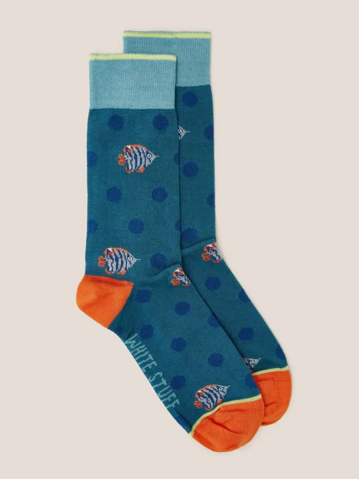 Men White Stuff Socks Fish Spot Ankle Sock Teal Multi