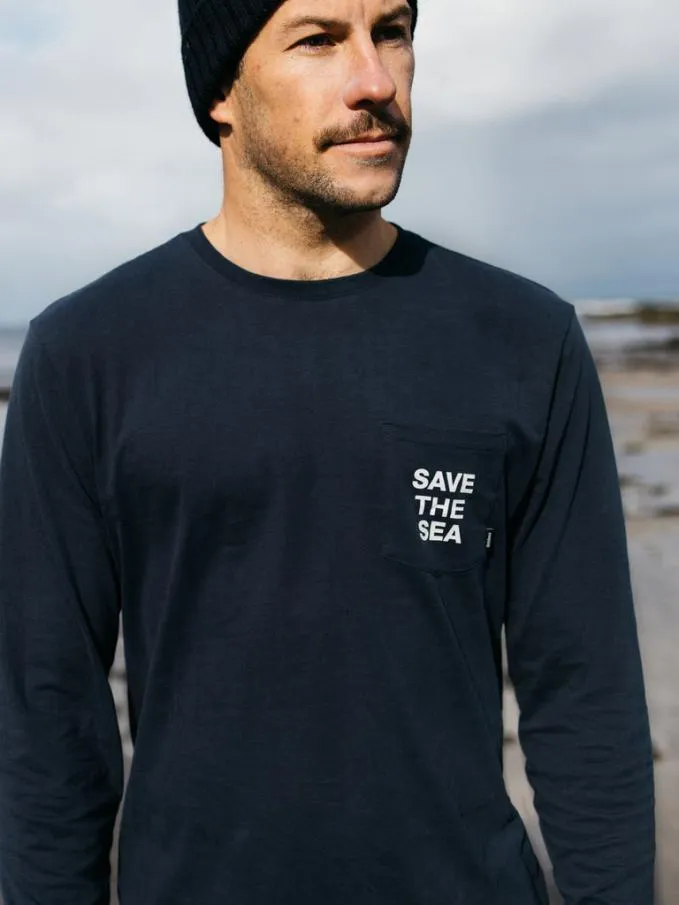 MenWomen Save The Sea Long Sleeve Pocket TShirt Navy Finisterre TShirts