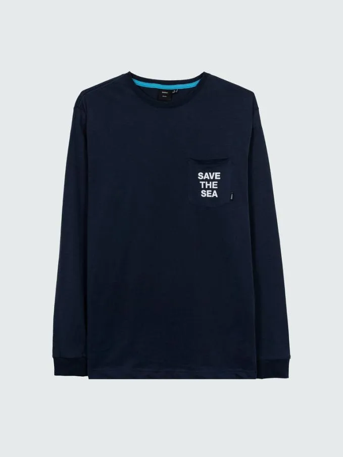 MenWomen Save The Sea Long Sleeve Pocket TShirt Navy Finisterre TShirts