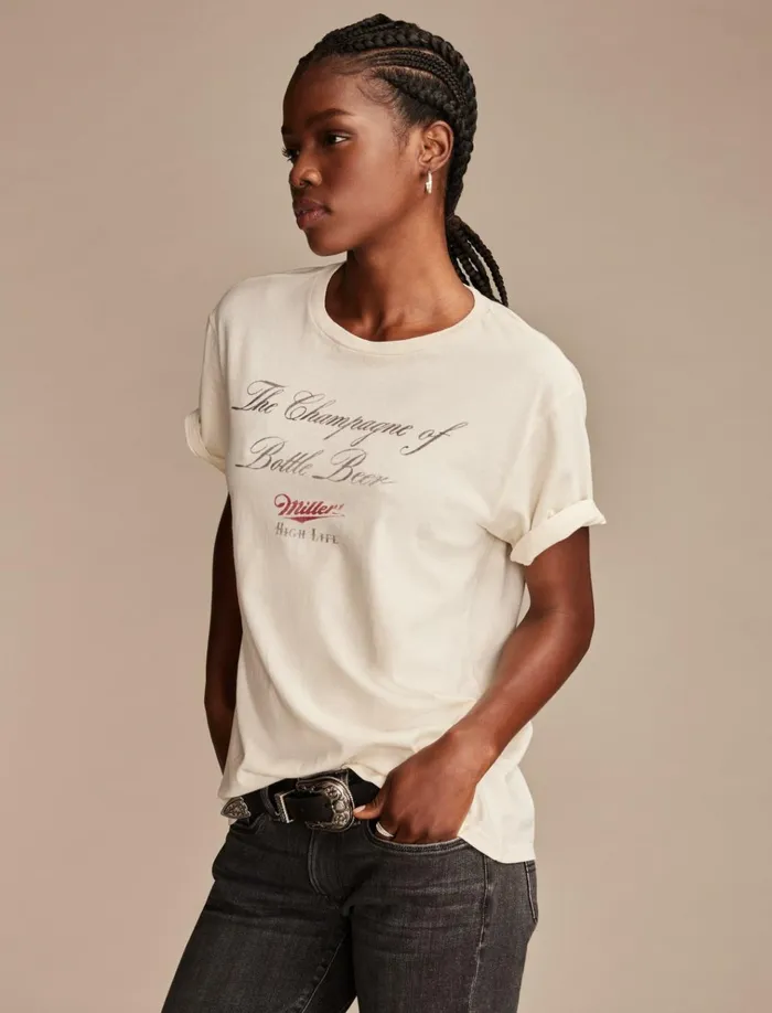 Miller Champagne Of Beer Boyfriend Tee Silver Birch Women Lucky Brand Graphic Tees
