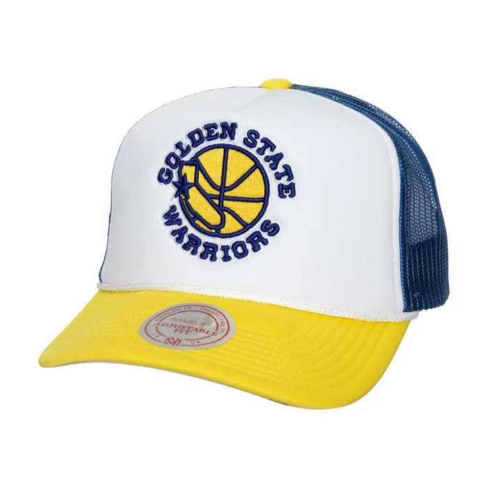 Mitchell and Ness Blocker Trucker HWC Golden State Warriors Men Hats and Headwear Mitchell and Ness Blocker Trucker HWC Golden State Warriors Men Hats and Headwear