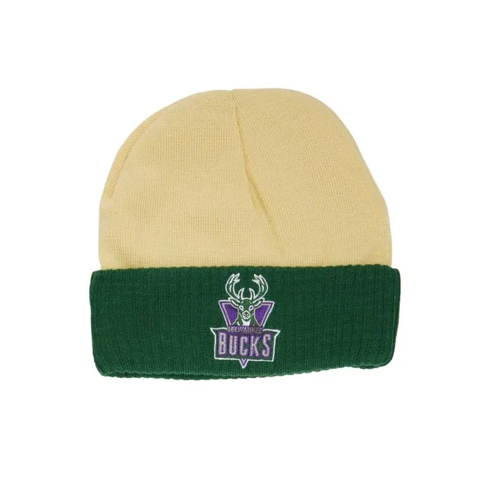 Mitchell and Ness Cream Side Patch Knit HWC Milwaukee Bucks Men Hats and Headwear Mitchell and Ness Cream Side Patch Knit HWC Milwaukee Bucks Men Hats and Headwear