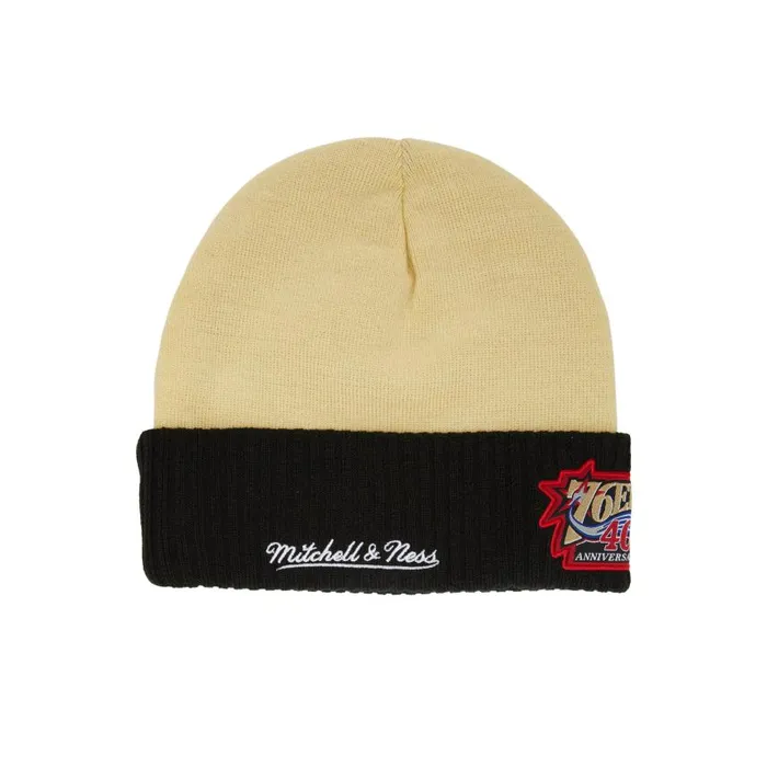 Mitchell and Ness Cream Side Patch Knit HWC Philadelphia 76ers Men Hats and Headwear Mitchell and Ness Cream Side Patch Knit HWC Philadelphia 76ers Men Hats and Headwear