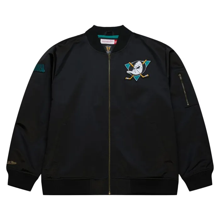 Mitchell and Ness Lightweight Satin Bomber Vintage Logo Anaheim Ducks Men Jackets and Outerwear Mitchell and Ness Lightweight Satin Bomber Vintage Logo Anaheim Ducks Men Jackets and Outerwear