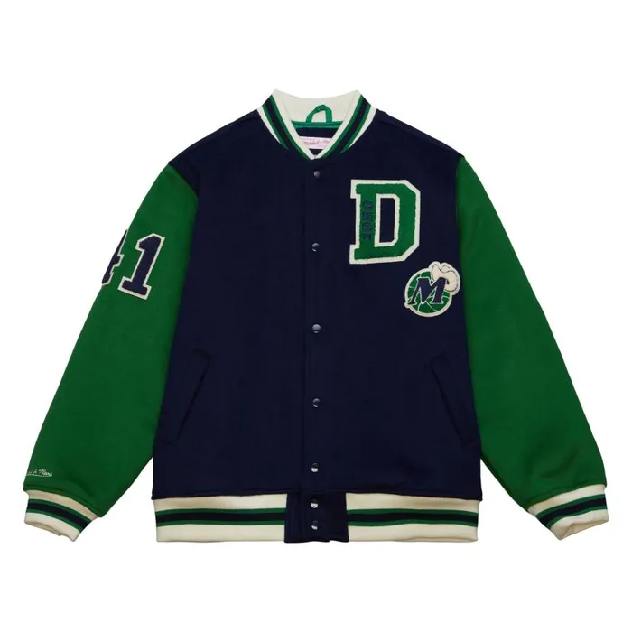 Mitchell and Ness Team Legacy Varsity Jacket NandN Dallas Mavericks Dirk Nowitzki Men Jackets and Outerwear