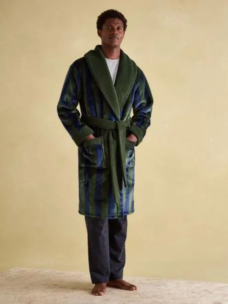 Nightwear Men Joules Green and Navy Stripe Fleece Lined Dressing Gown