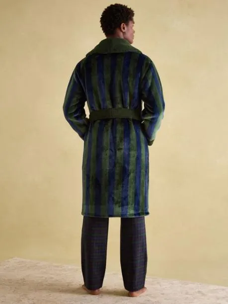 Nightwear Men Joules Green and Navy Stripe Fleece Lined Dressing Gown