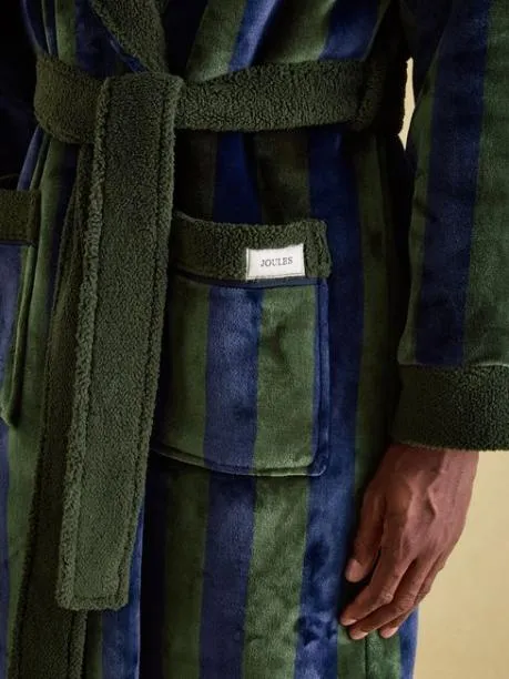 Nightwear Men Joules Green and Navy Stripe Fleece Lined Dressing Gown