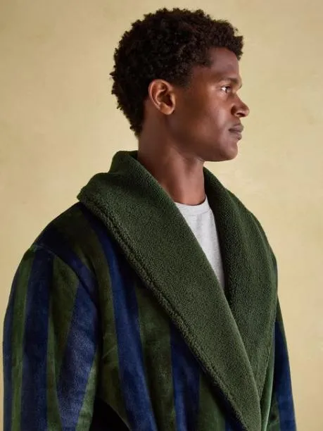 Nightwear Men Joules Green and Navy Stripe Fleece Lined Dressing Gown