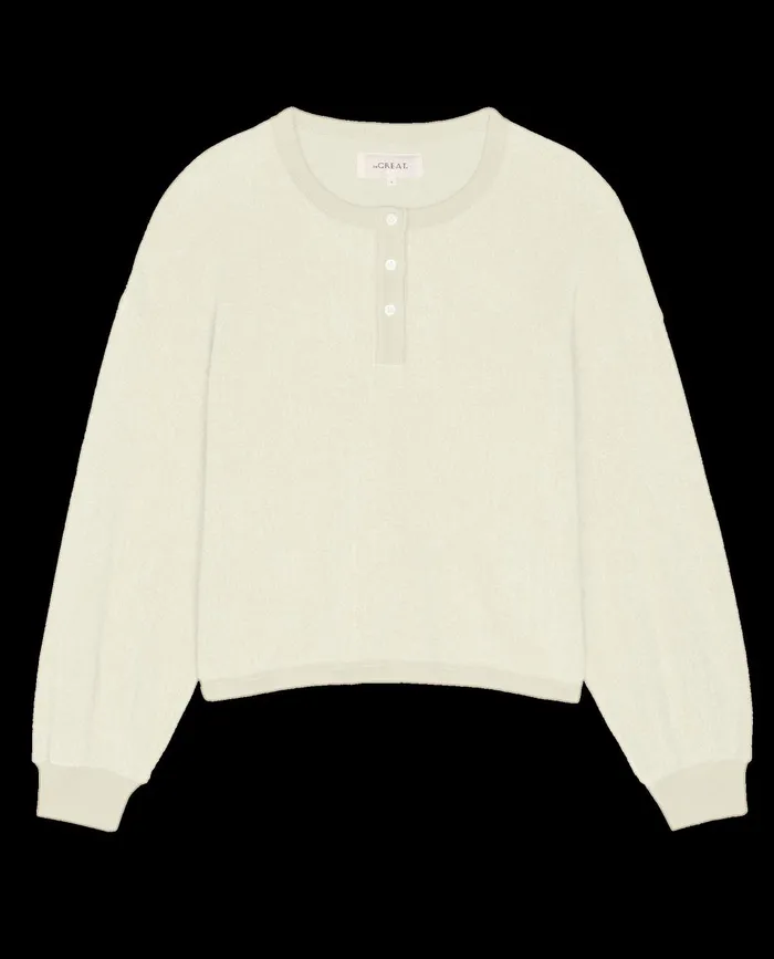 Novelty Tees and Sweats Women The Great The Fleece Henley Sweatshirt Washed White Novelty Tees and Sweats Women The Great The Fleece Henley Sweatshirt Washed White
