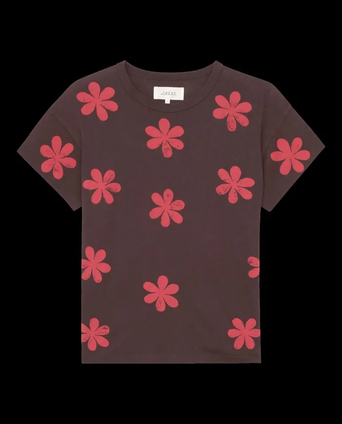 Novelty Tees and Sweats Women The Great The Hand Stamped Boxy Crew Mocha With Hot Red Daisy Novelty Tees and Sweats Women The Great The Hand Stamped Boxy Crew Mocha With Hot Red Daisy