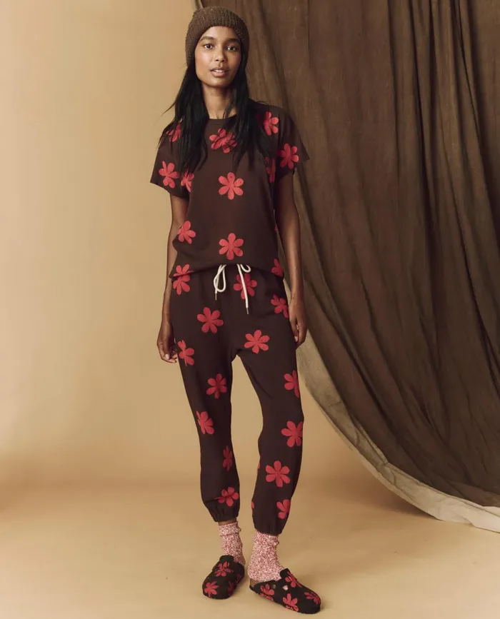 Novelty Tees and Sweats Women The Great The Hand Stamped Boxy Crew Mocha With Hot Red Daisy Novelty Tees and Sweats Women The Great The Hand Stamped Boxy Crew Mocha With Hot Red Daisy
