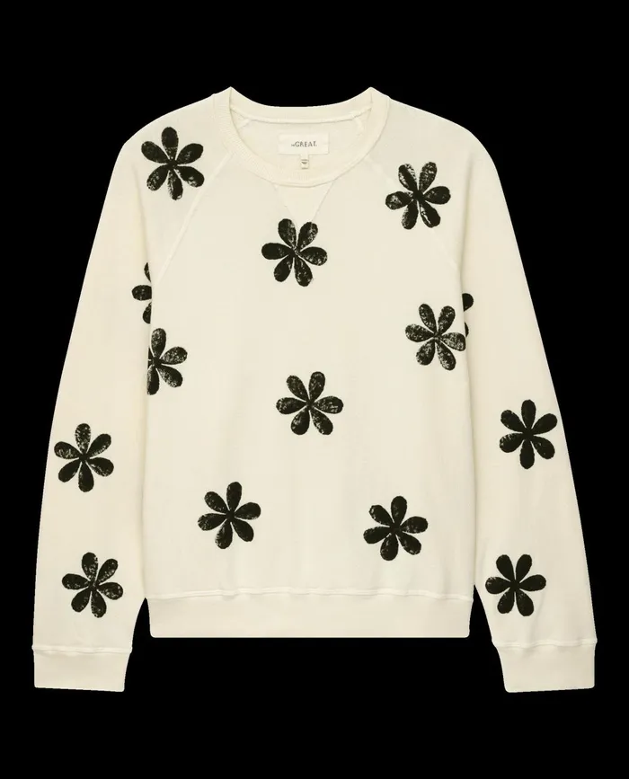 Novelty Tees and Sweats Women The Great The Hand Stamped Slouch Sweatshirt Washed White With Black Daisy Novelty Tees and Sweats Women The Great The Hand Stamped Slouch Sweatshirt Washed White With Black Daisy