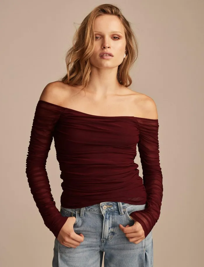 Off The Shoulder Ruched Top Windsor Wine Women Lucky Brand Blouses