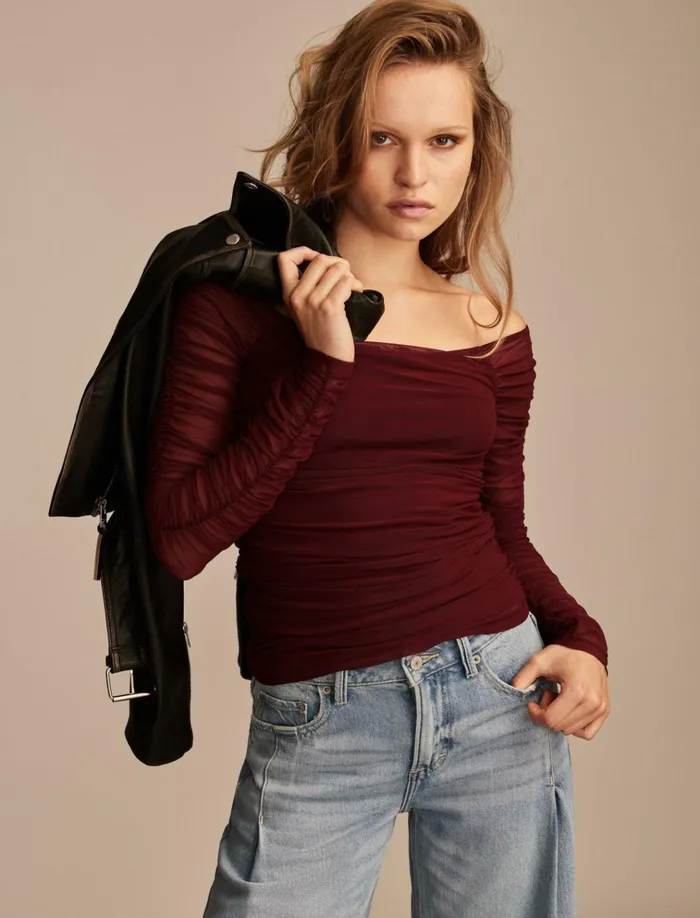 Off The Shoulder Ruched Top Windsor Wine Women Lucky Brand Blouses