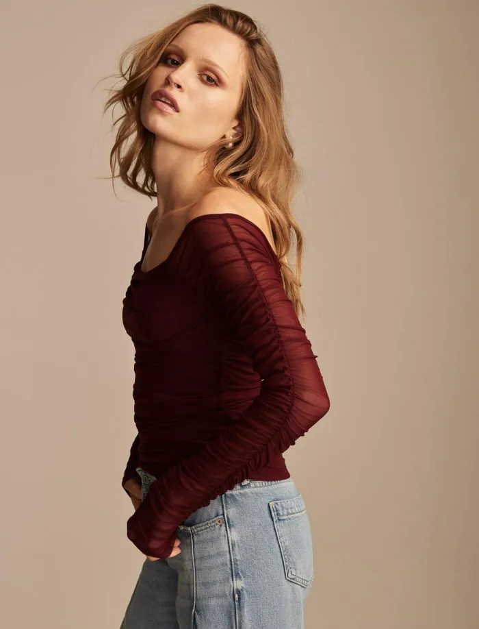 Off The Shoulder Ruched Top Windsor Wine Women Lucky Brand Blouses