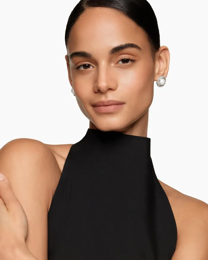 Pearl Classics Cable Halo Button Earrings In Sterling Silver With Diamonds 188mm Women David Yurman Stud Pearl Classics Cable Halo Button Earrings In Sterling Silver With Diamonds 188mm Women David Yurman Stud