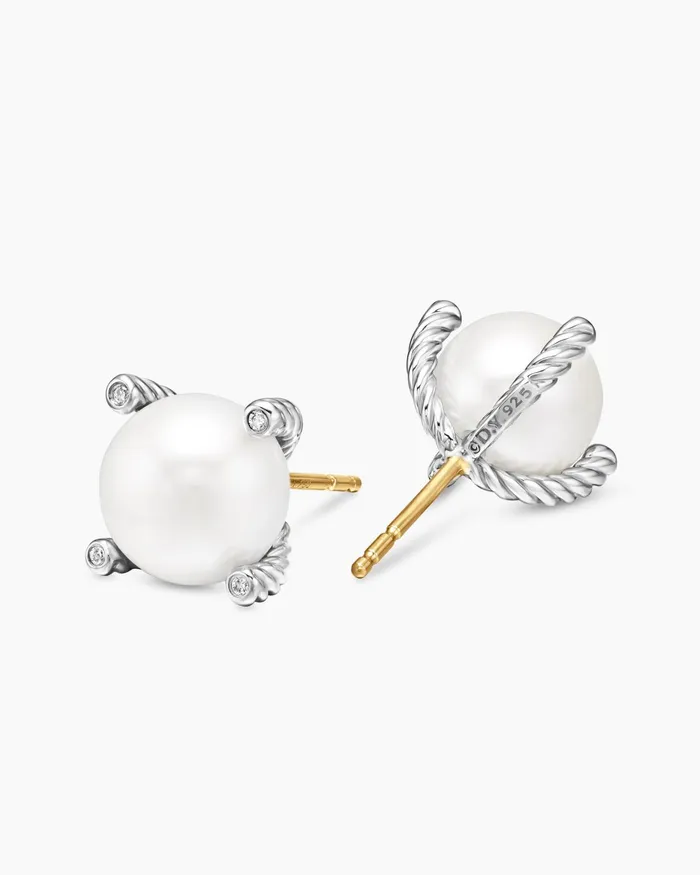 Pearl Stud Earrings In Sterling Silver With Pearls And Diamonds 14mm Women David Yurman Stud Pearl Stud Earrings In Sterling Silver With Pearls And Diamonds 14mm Women David Yurman Stud
