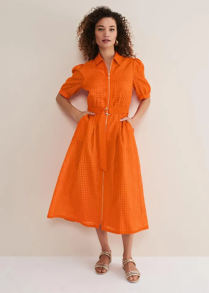 Phase Eight Dresses Carey Orange Checked Textured Midi Dress Orange 8211 Women
