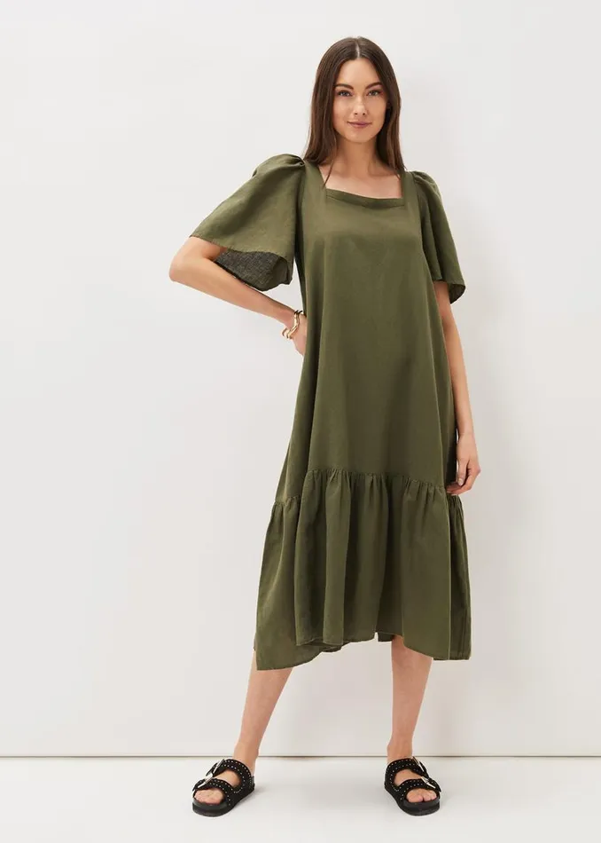 Phase Eight Dresses Claria Linen Midi Dress Khaki 8211 Women