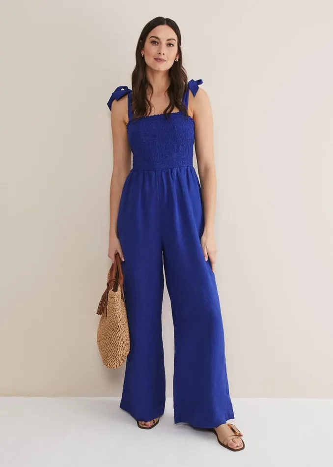 Phase Eight Dresses Ona Linen Shirred Wide Leg Jumpsuit Cobalt 8211 Women