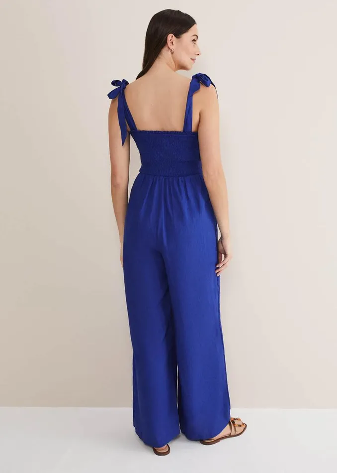 Phase Eight Dresses Ona Linen Shirred Wide Leg Jumpsuit Cobalt 8211 Women