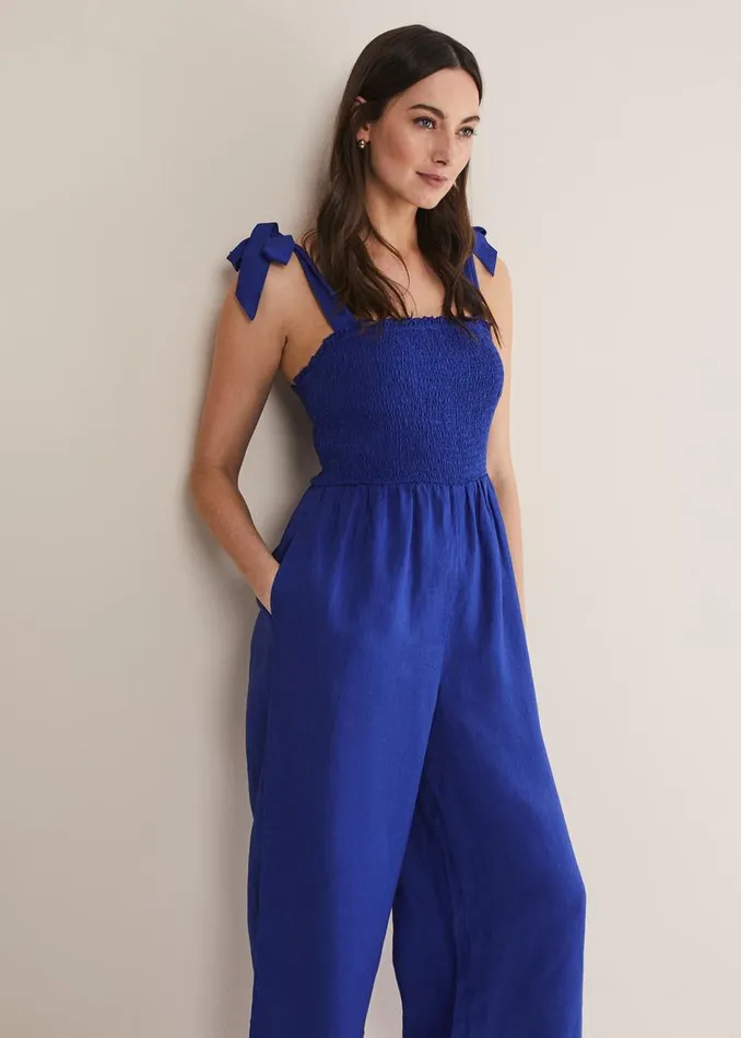 Phase Eight Dresses Ona Linen Shirred Wide Leg Jumpsuit Cobalt 8211 Women