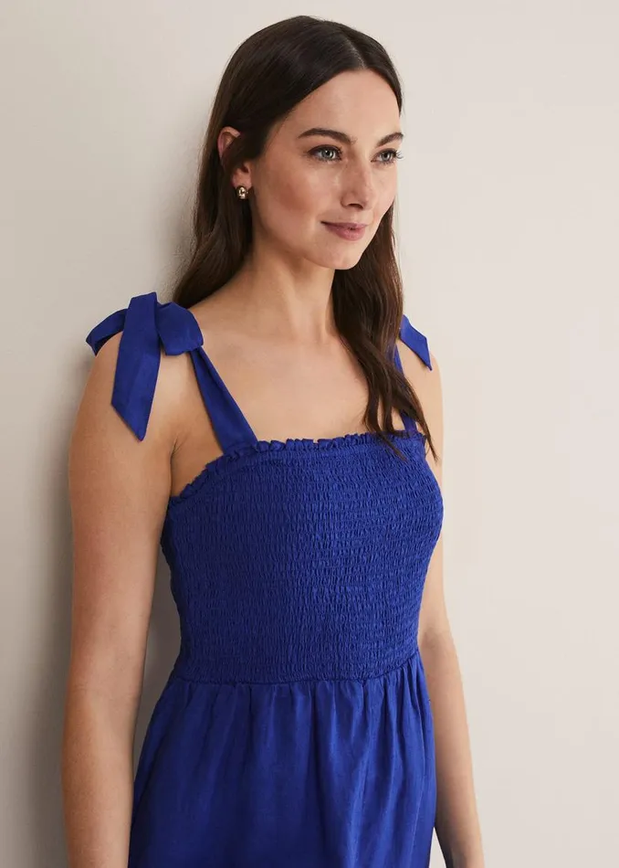 Phase Eight Dresses Ona Linen Shirred Wide Leg Jumpsuit Cobalt 8211 Women