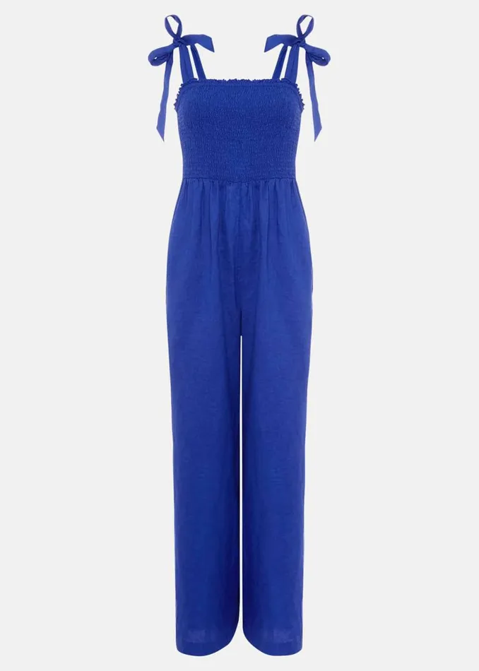 Phase Eight Dresses Ona Linen Shirred Wide Leg Jumpsuit Cobalt 8211 Women