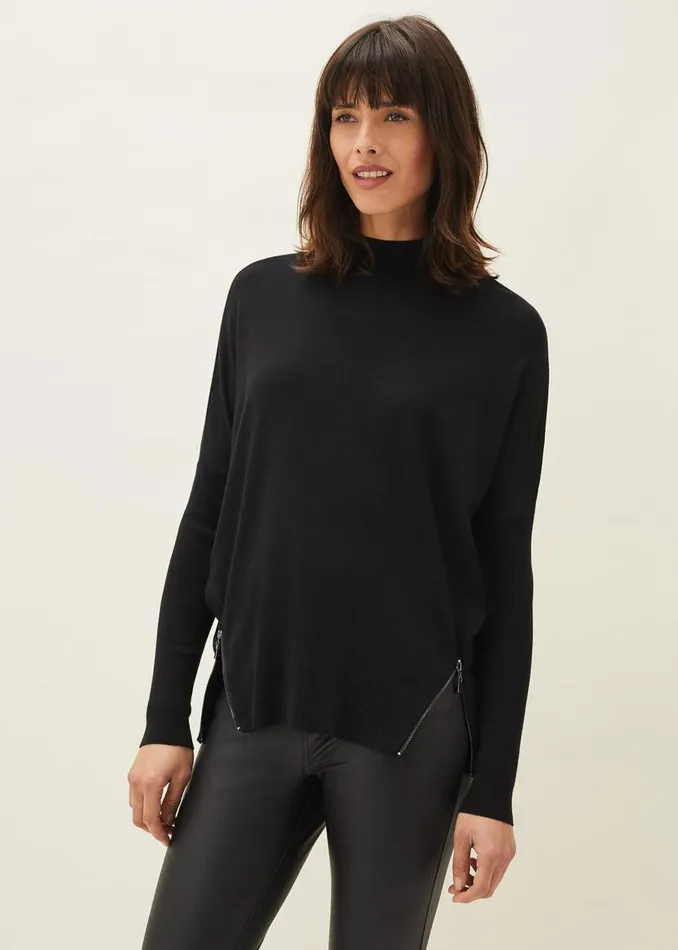 Phase Eight Knitwear Skylar Roll Neck Zip Hem Jumper Black 8211 Women