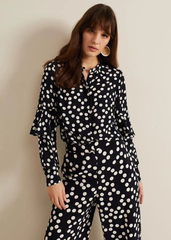 Phase Eight Shirts and Blouses Peyton Polka Dot Frill Blouse Navy 8211 Women