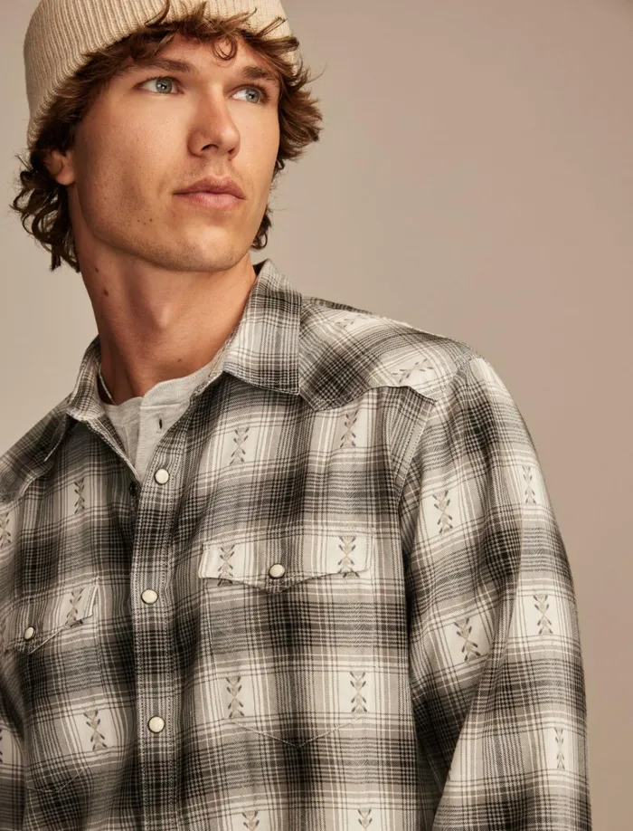 Plaid Dobby Western Long Sleeve Shirt Grey Multi Men Lucky Brand ButtonDowns