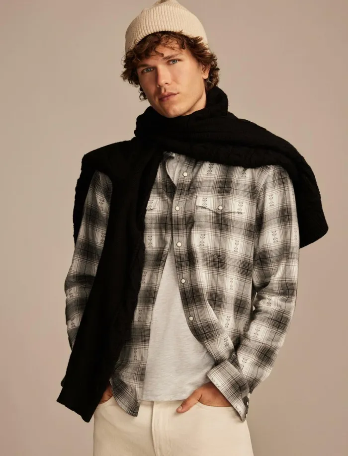Plaid Dobby Western Long Sleeve Shirt Grey Multi Men Lucky Brand ButtonDowns